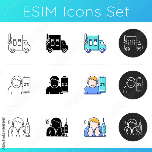 Covid vaccination icons set. Vaccine transportation. Drowsiness and fatigue. Side effect of injection. Fear of needles. Linear, black and RGB color styles. Isolated vector illustrations
