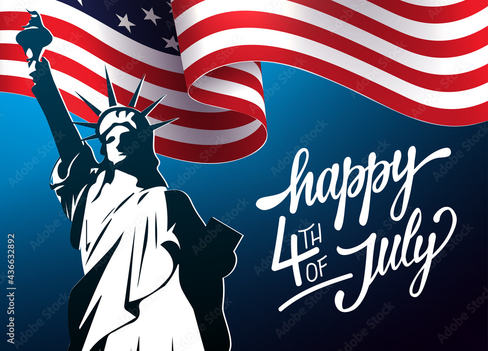 Naklejka premium Blue illustration with waving USA flag, independence day, design element