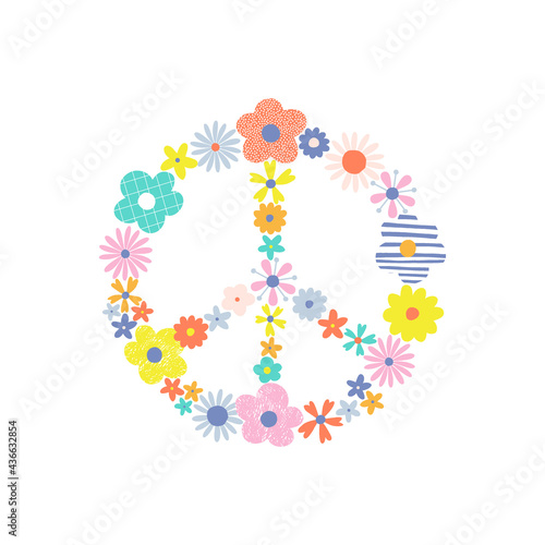 Bloomy pacific sign vector illustration isolated on white.Cute hippie peace symbol with multicoloured vibrant decorative flowers clipart. Boho childish summer t-shirt print design.