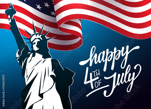 Blue illustration with waving USA flag, independence day, design element