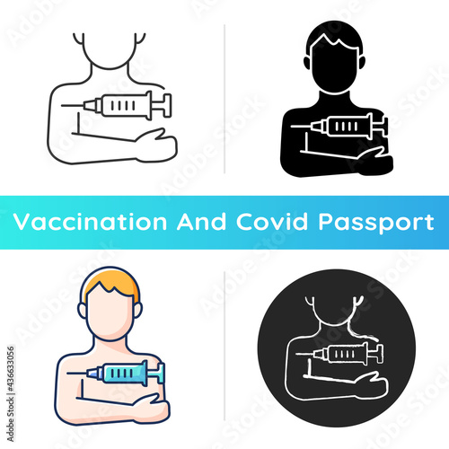 Injection in arm icon. Influenza clinic treatment. Drug inoculation. Vaccine shot for patient. Health care and medicine. Linear black and RGB color styles. Isolated vector illustrations