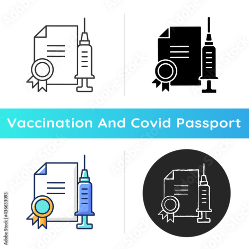 Vaccine quality certificate icon. Vaccination license. Disease treatment. Professional drug. Health care and medicine. Linear black and RGB color styles. Isolated vector illustrations