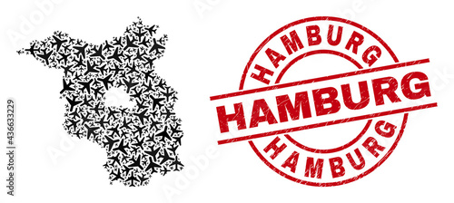 Hamburg grunged seal stamp, and Brandenburg Land map collage of jet vehicle items. Collage Brandenburg Land map created with airliners. Red seal with Hamburg caption, and scratched rubber texture.