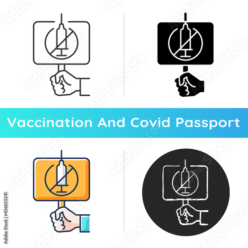 Anti vaxxer icon. Demonstration against covid drug injections. Placard for anti vax protest. Health care and medicine. Linear black and RGB color styles. Isolated vector illustrations