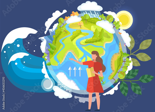 Earth global weather change. Saving Earth and environmental care. Girl is talking about impact of climate change on rising water levels. Visualization of weather in different parts of planet