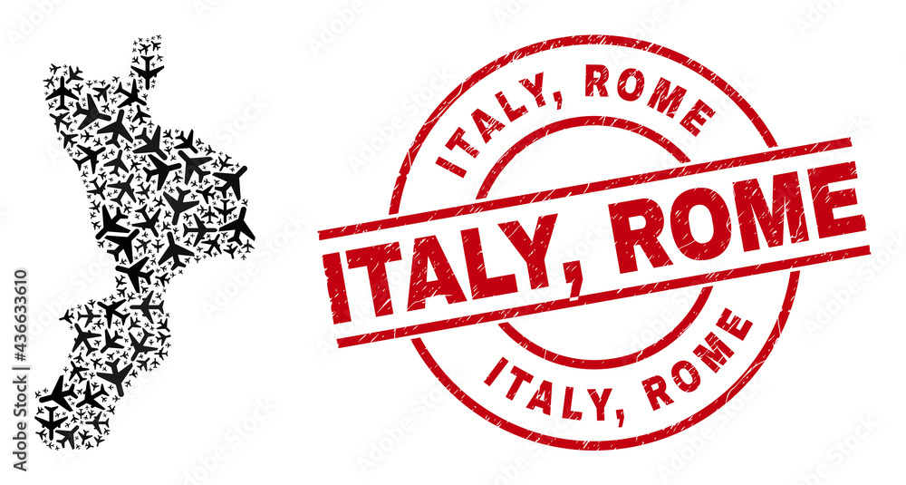 Italy, Rome rubber badge, and Calabria region map mosaic of aircraft items. Collage Calabria region map constructed with airplanes. Red badge with Italy, Rome word, and unclean rubber texture. Italy, Rome rubber badge, and Calabria region map mosaic of aircraft items. Collage Calabria region map constructed with airplanes. Red badge with Italy, Rome word, and unclean rubber texture.