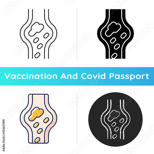 Blood clots icon. Cardiovascular circulation problem. Disease symptom. Vaccination side effect. Health care and medicine. Linear black and RGB color styles. Isolated vector illustrations