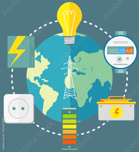 Electricity consumption on Earth. Items related to electricity around planet. Energy production and consumption, environmental impact. Battery, counter, light bulb as symbols of non-renewable energy