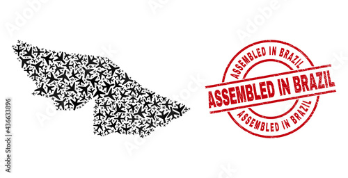 Assembled in Brazil grunged stamp, and Acre State map collage of aviation elements. Collage Acre State map created of aeroplanes. Red watermark with Assembled in Brazil text,