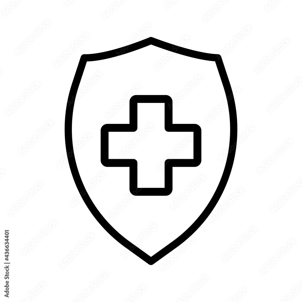 Health insurance icon vector. Insurance health document icon.Medical health protection shield cross. Protected guard shield concept. Safety badge icon. Privacy banner shield. Security safeguard label Health insurance icon vector. Insurance health document icon.Medical health protection shield cross. Protected guard shield concept. Safety badge icon. Privacy banner shield. Security safeguard label