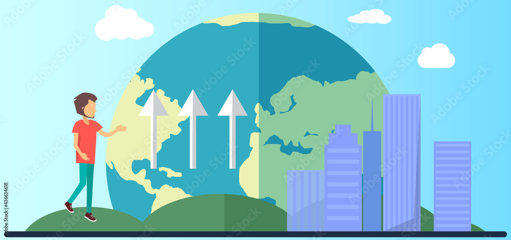 Earth global warming poster. Saving Earth and environmental care. Guy is talking about impact of climate change on rising water levels. Visualization of human influence on weather on planet