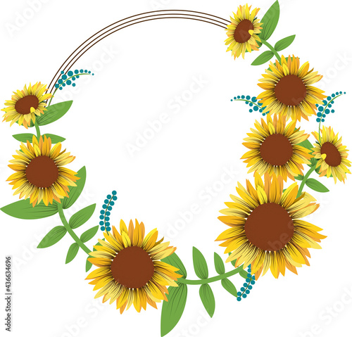 Wreath of sunflowers with space for text. Yellow summer flowers. Sunflowers wreath. Frame border ornament square.