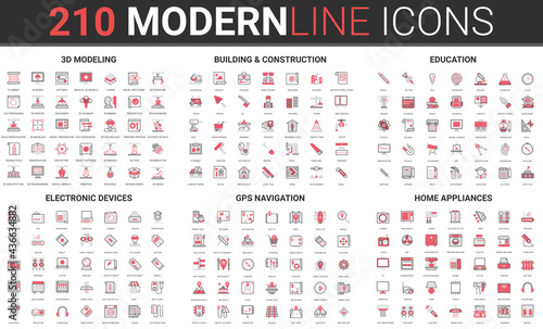 Building construction, home appliances electronic devices, gps navigation thin red black line icon vector illustration set. Outline professional 3d modeling engineering process, education technology