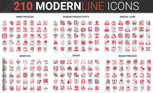 Mind brain process of human work productivity, dental care and genetics medicine thin red black line icon vector illustration set. Fitness equipment for sport training, skills growth collection