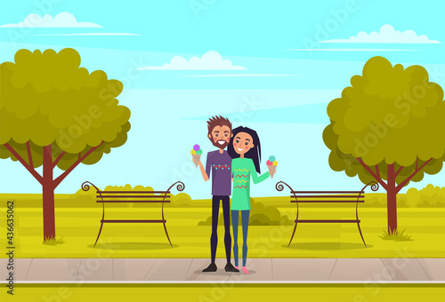 Happy people eating ice cream on date in park. Man and woman smile and walk in nature. Girl and boy relax against background of sky with clouds, benches, bushes and trees. People spend time together