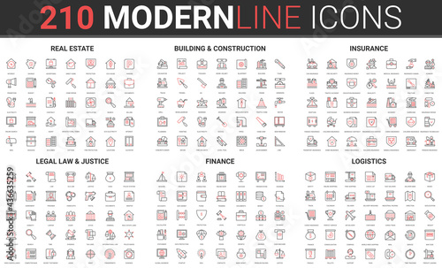 Real estate building and house construction, life damage insurance, justice legal law judicial system line icon vector illustration set. Red black thin linear finance symbols, logistics delivery