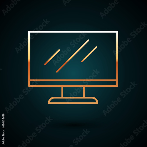 Gold line Computer monitor screen icon isolated on dark blue background. Electronic device. Front view. Vector