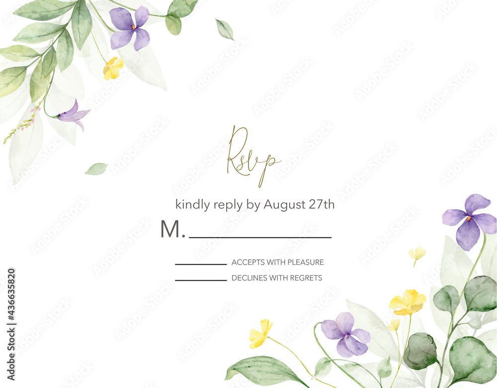 Watercolor hand painted wedding rsvp card template. - obrazy, fototapety, plakaty 