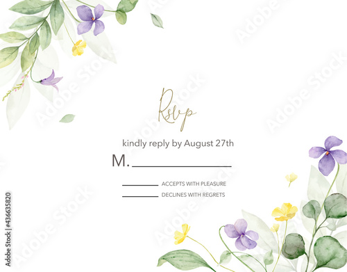 Watercolor hand painted wedding rsvp card template.