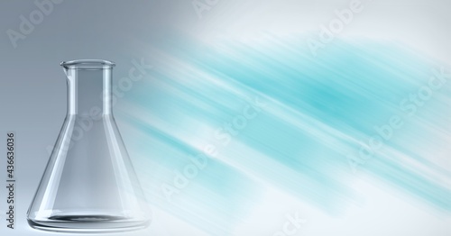 Composition of empty chemistry flask, with blurred white and blue copy space to right