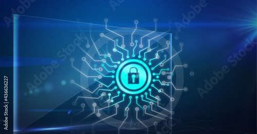 Composition of blue padlock icon with circuits on transparent screen on dark background
