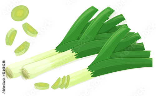 Leek set in flat cartoon style. Single whole and group vegetables with cuts. Flying leeks cuts. Farm fresh products. Organic healthy food. Vector illustrations collection isolated on white background.