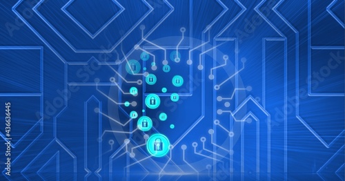 Composition of blue padlock icons with circuits on blue motherboard
