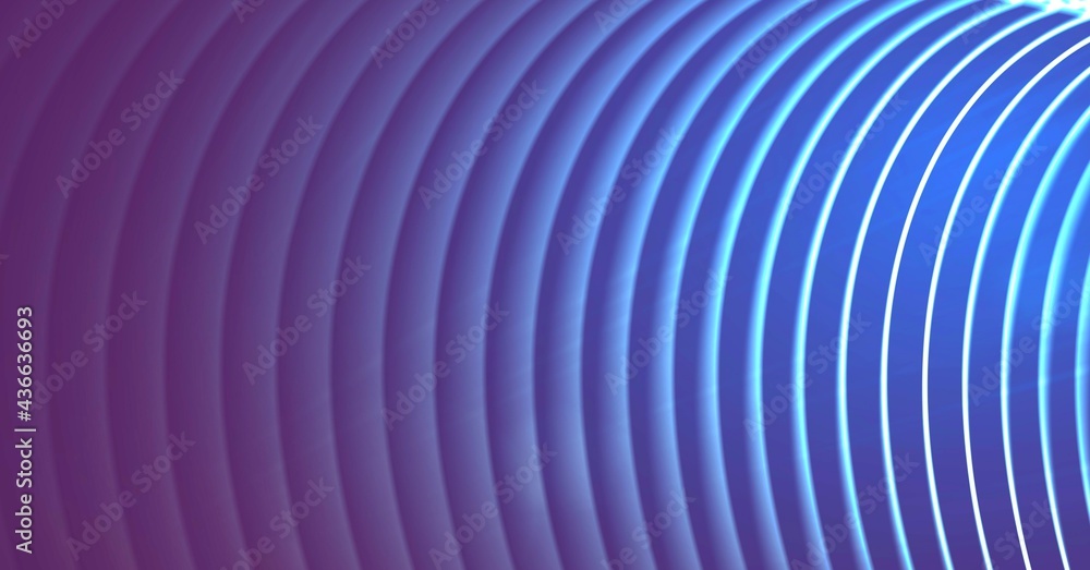 Obraz premium Composition of glowing blue parallel concentric curved lines on dark purple background
