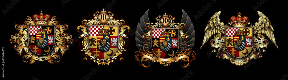 Set of heraldic shields with a crown and wings on a black background ...