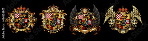Set of heraldic shields with a crown and wings  on a black background. High detailed realistic illustration