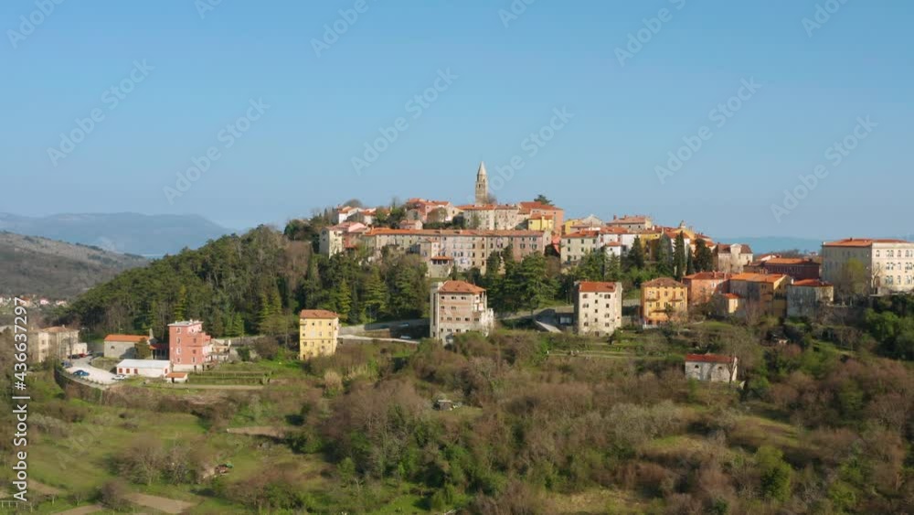 Hilltop Townscape Of Labin Overlooking The Kvarner Coast In Istria, Croatia. aerial Hilltop Townscape Of Labin Overlooking The Kvarner Coast In Istria, Croatia. aerial