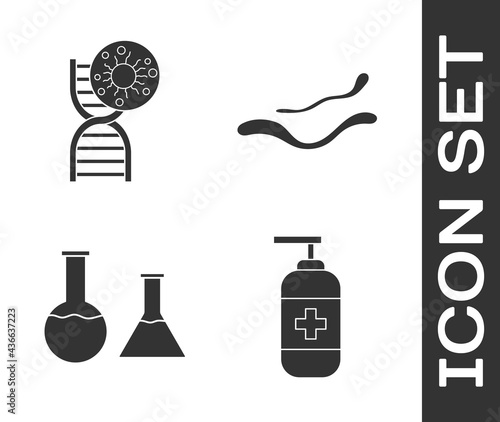 Set Bottle of liquid antibacterial soap, DNA symbol and virus, Test tube and flask and Ebola virus disease icon. Vector