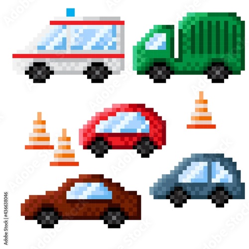 Transport pixel art icons set. Garbage collection vehicle, car, Ambulance, Traffic cone. Icon set transport.