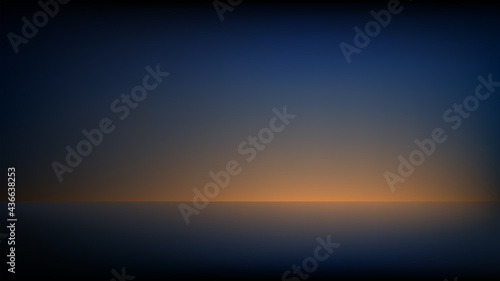 Empty dark blue studio, gradient background. Abstract empty room illuminated by orange light. Smooth blurred backdrop for displaying products. Vector illustration