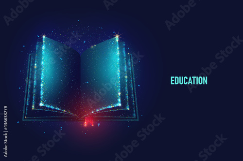 Open book vector illustration made of neon particles. Bright magic book art in modern abstract style consists of colorful dots.
