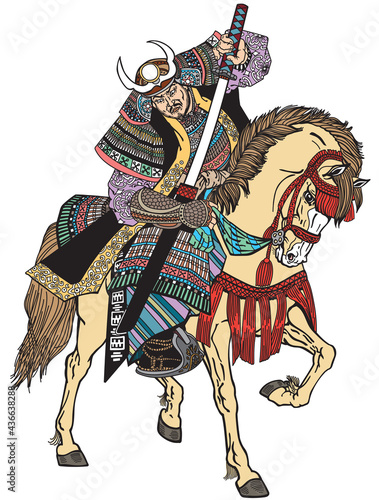 A Japanese samurai rider sitting on horseback, wearing medieval leather armour and holding a katana sword. Asian Cavalry Warrior. Medieval East Asia soldier riding a pony horse. Vector illustration