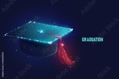 Glowing graduation cap vector illustration made of neon particles. Bright magic student hat art in modern abstract style consists of colorful dots.