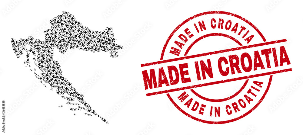 Made in Croatia rubber stamp, and Croatia map mosaic of air force items. Mosaic Croatia map created with air planes. Red seal with Made in Croatia caption, and corroded rubber texture. Made in Croatia rubber stamp, and Croatia map mosaic of air force items. Mosaic Croatia map created with air planes. Red seal with Made in Croatia caption, and corroded rubber texture.
