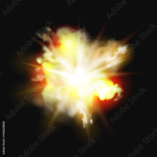 Fire explosion, bomb burst realistic 3D effect of burning fire and smoke. Vector fireworks, burning campfire or bonfire, nuclear energy explode, heat combustion. Blazing flammable pyro fireball