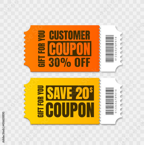 Vector coupon discount isolated. Gift voucher for business. Set of promo coupons. photo