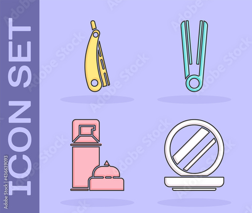 Set Makeup powder with mirror, Straight razor, Shaving gel foam and Curling iron for hair icon. Vector