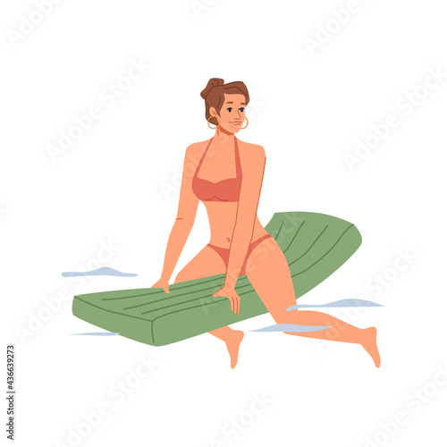 Adult woman in bikini swimsuit swims on inflatable mattress in water, summertime holiday vacation, recreation, flat cartoon character in swimwear isolated. Vector summer sport outdoors activity