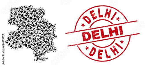 Delhi textured badge, and New Delhi City map collage of aviation elements. Collage New Delhi City map constructed with aviation items. Red stamp with Delhi text, and grunge rubber texture.