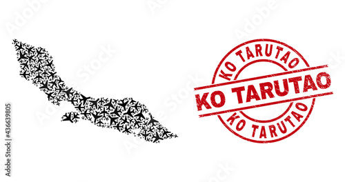 Ko Tarutao grunge seal stamp, and Curacao Island map mosaic of jet vehicle items. Mosaic Curacao Island map created with jet vehicles. Red stamp with Ko Tarutao word, and grunge rubber texture.