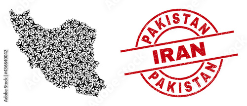 Pakistan Iran textured seal, and Iran map mosaic of jet vehicle elements. Mosaic Iran map constructed of jet vehicles. Red watermark with Pakistan Iran text, and corroded rubber texture.
