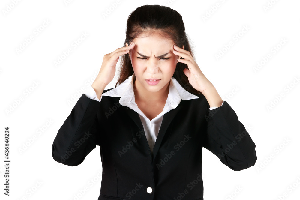 Asian woman wearing black suit holding hand Show headache. Businesswoman showing enough symptoms in white background. Concept Tense serious dissatisfied. Asian woman wearing black suit holding hand Show headache. Businesswoman showing enough symptoms in white background. Concept Tense serious dissatisfied.
