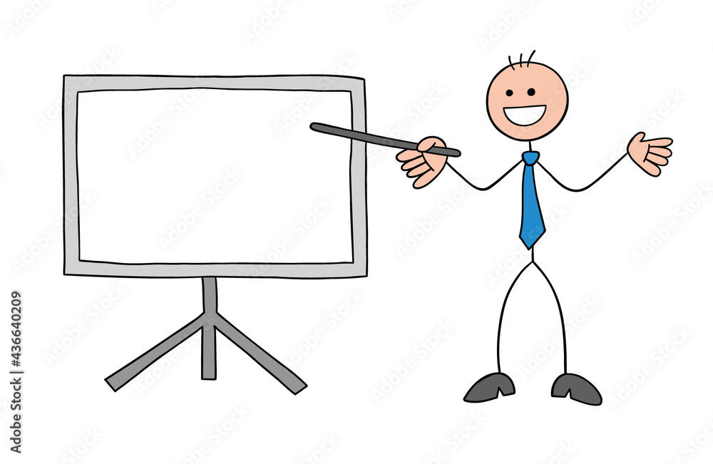Stickman businessman character happy and in front of the whiteboard and pointing with a stick, vector cartoon illustration Stickman businessman character happy and in front of the whiteboard and pointing with a stick, vector cartoon illustration