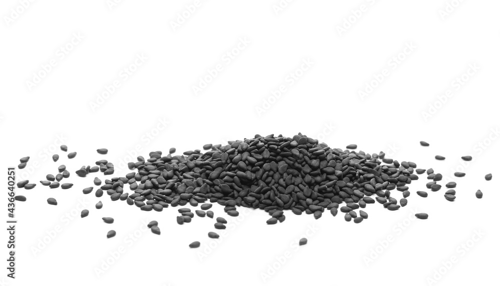 Black sesame seeds pile isolated on white background Black sesame seeds pile isolated on white background