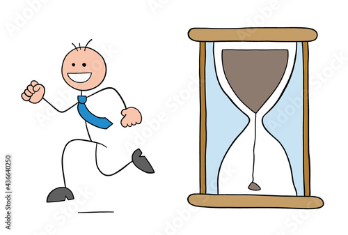 The hourglass has started and stickman businessman character is running and happy, vector cartoon illustration