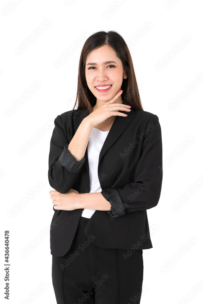 Asian young long brown hair successful beautiful female businesswoman wears black formal suit with pants and white inner shirt stand smile happily hold hand cross arms touch cheek in white background Asian young long brown hair successful beautiful female businesswoman wears black formal suit with pants and white inner shirt stand smile happily hold hand cross arms touch cheek in white background